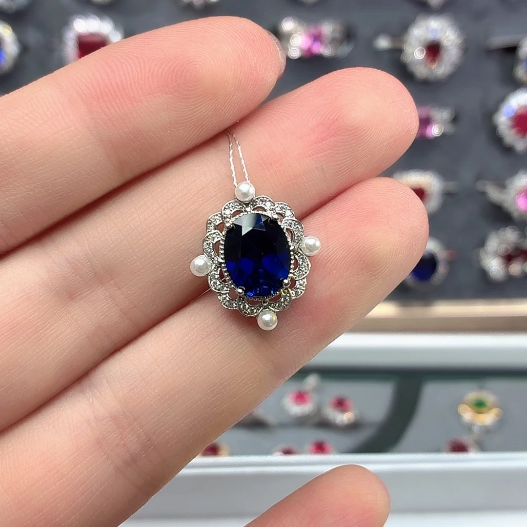 吊坠925银培育皇家蓝色宝石