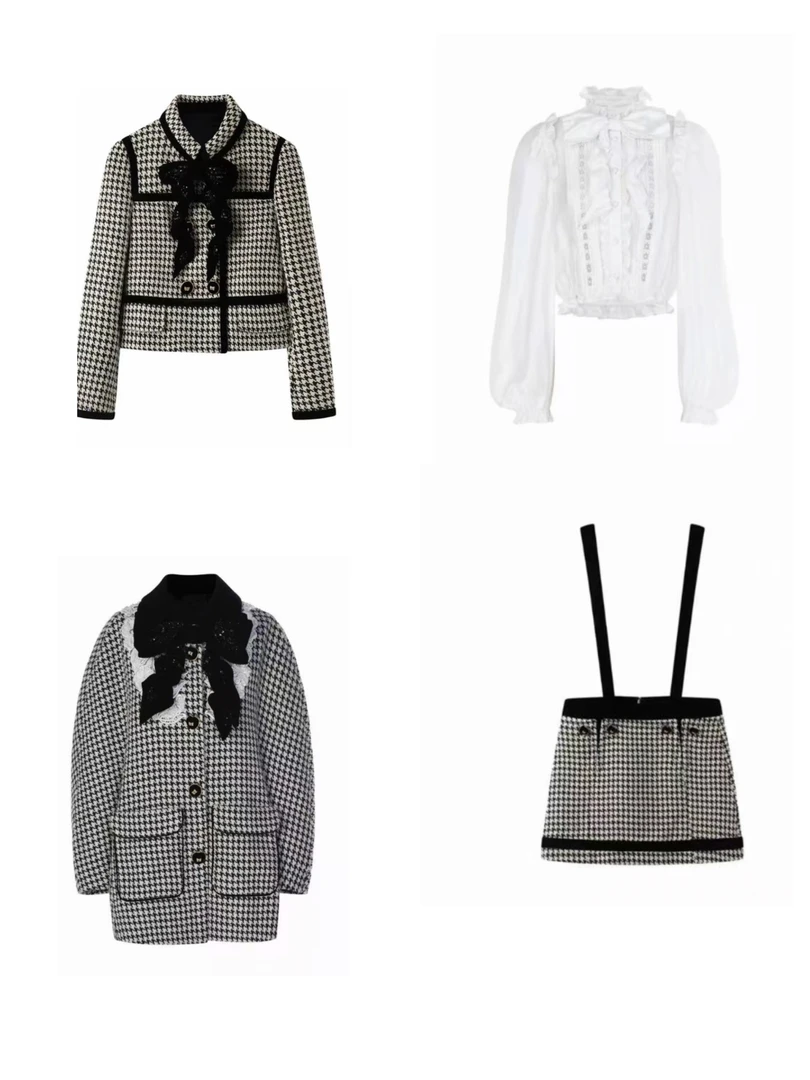 YOYO高定法式复古时髦千鸟格小香风蝴蝶结短外套2025秋冬新款
