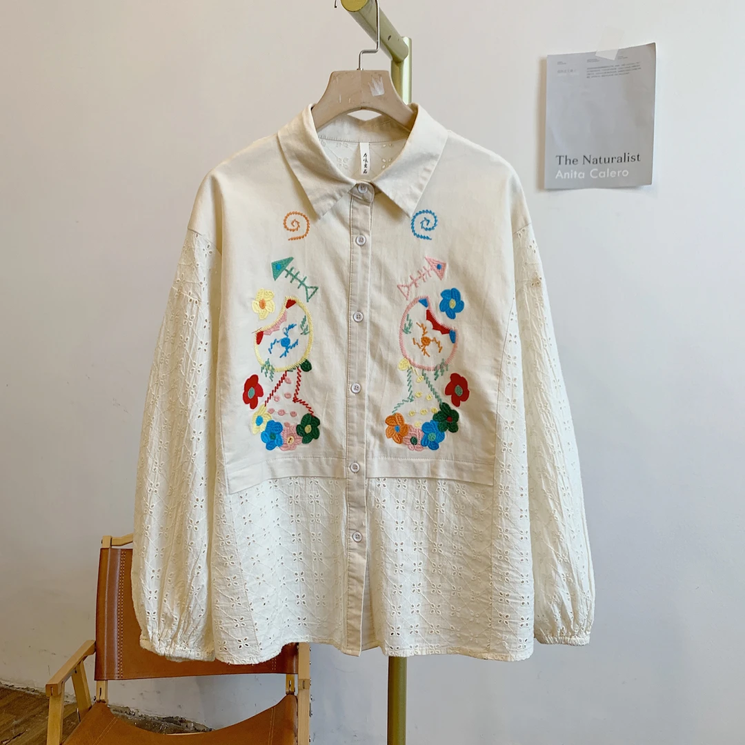 猫咪森林Y3031刺绣全开扣翻领长袖衬衫