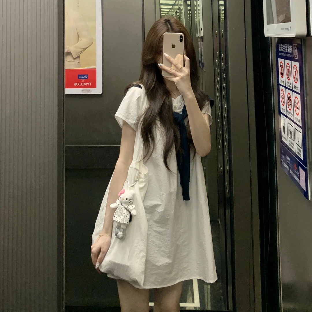 蓝色披肩衬衫连衣裙子女夏季2025新款韩系氛围感通勤气质白色短裙