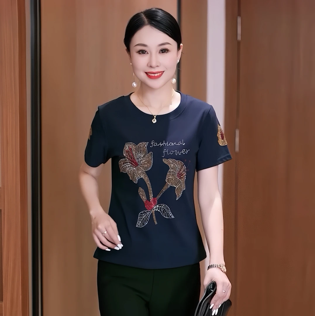 2025夏设计重工感烫钻洋气百搭修身显瘦短袖圆领T恤时尚妈妈上衣