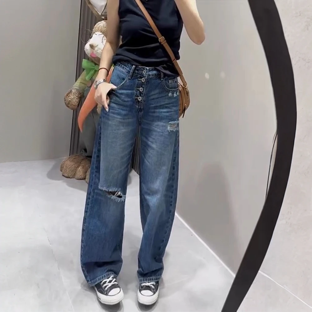 设计感复古破洞直筒牛仔裤女2025秋季高腰宽松显瘦窄版阔腿裤