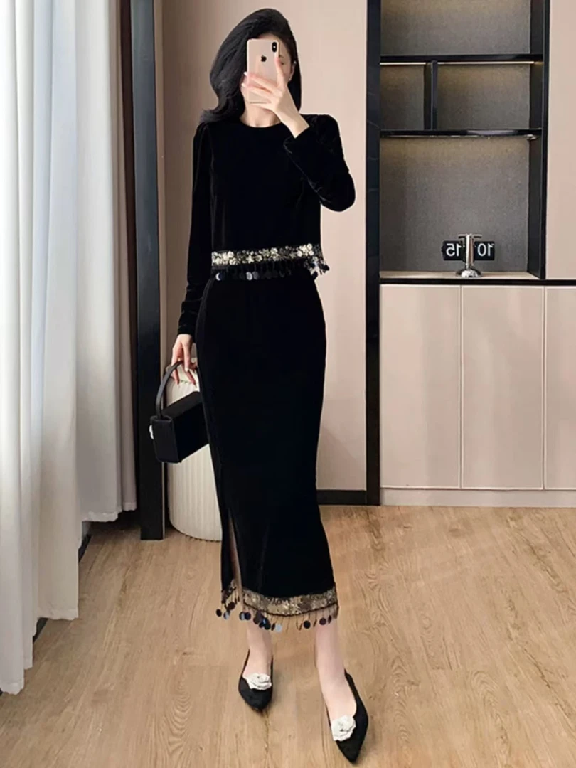 搭配一整套高端女装亮片流苏金丝绒上衣高贵洋气半身裙两件套