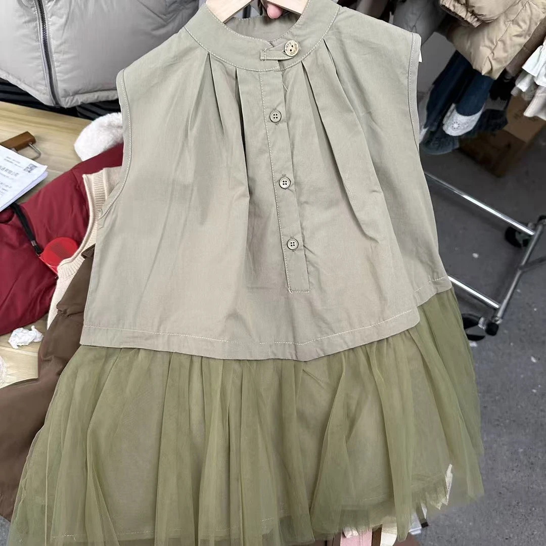春夏新款女童网纱拼接纯色背心连衣裙儿童温柔可爱百搭韩版裙子