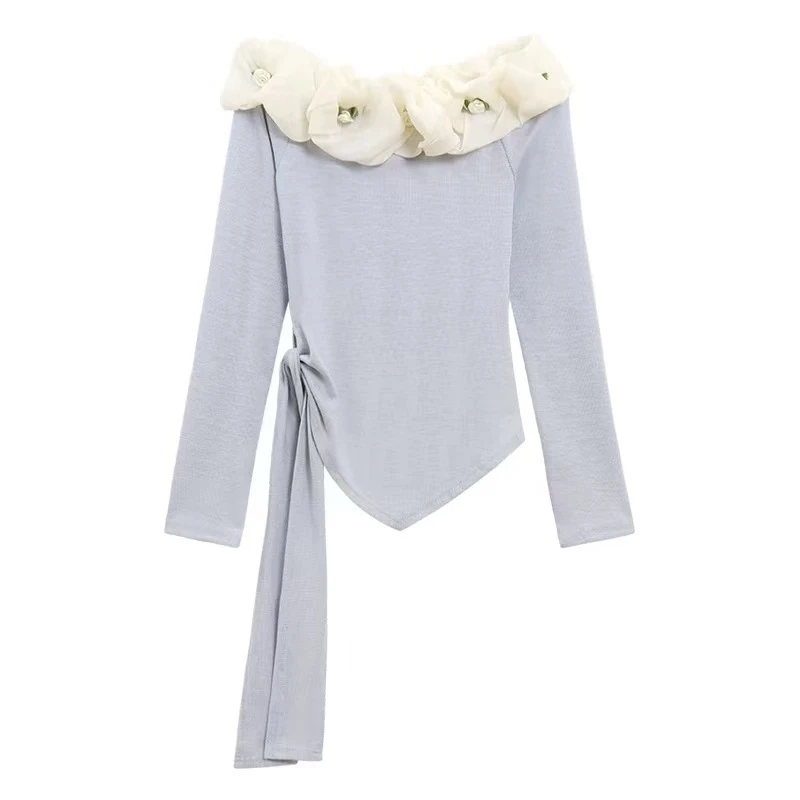 非主图温柔风绑带长袖不规则一字领T恤