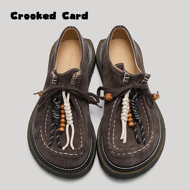 Crooked Card英伦风休闲复古厚底袋鼠鞋男低帮牛皮乐福鞋子潮流