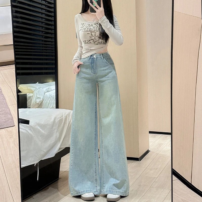 复古蓝直筒高腰牛仔女2025年秋季新款显瘦宽松小个子拖地阔腿百搭