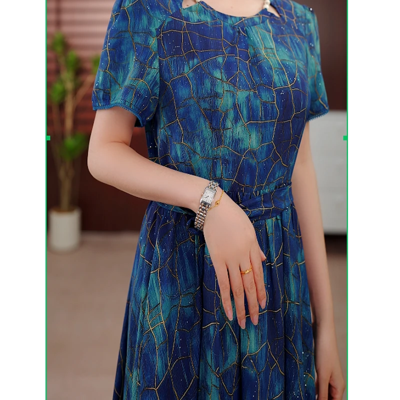 0506夏季新款蓝色系带复古收腰显瘦连衣裙中长款减龄裙子