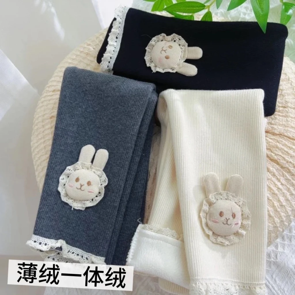 薄绒花边兔子一体绒打底裤外穿女童裤子