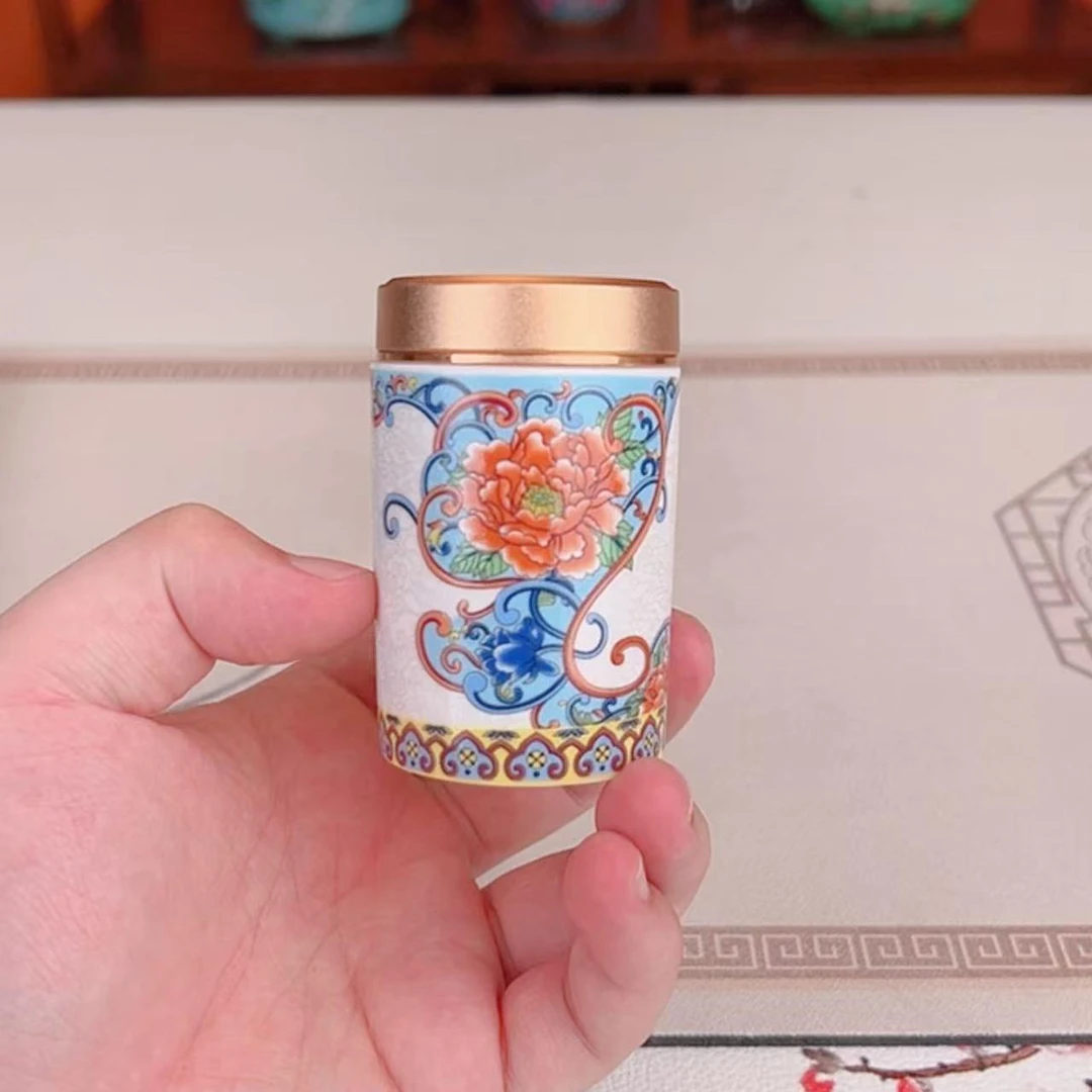 链接珐琅掐丝黄牡丹合金小茶叶罐A0912