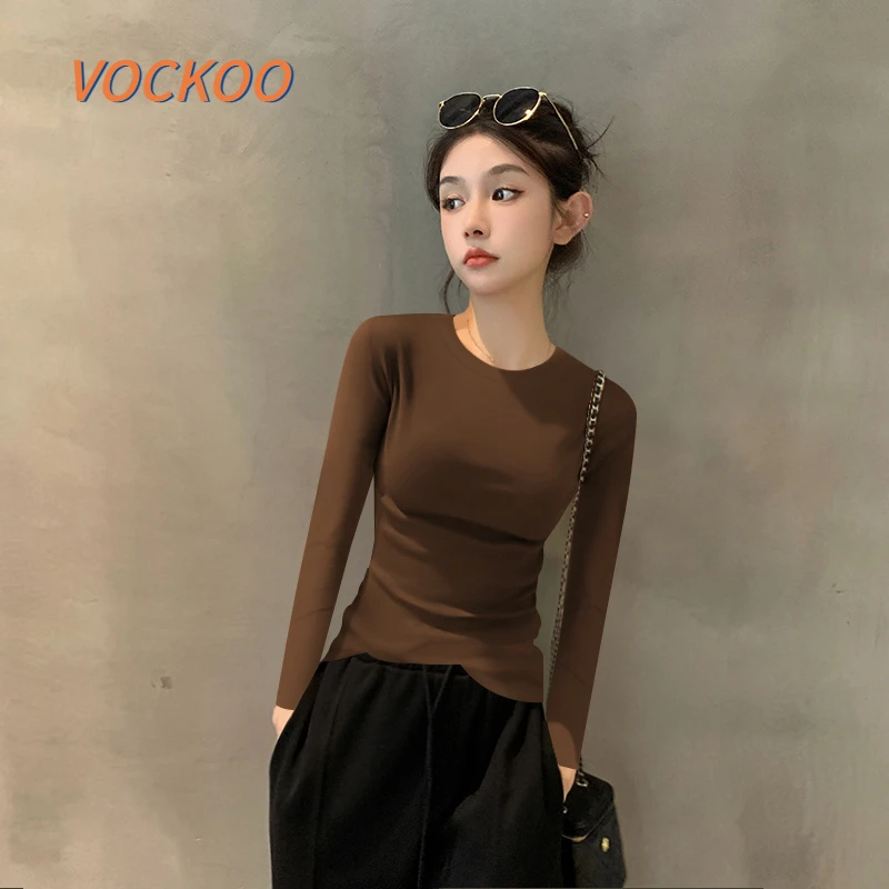 VOCKOO秋季高腰2025新款秋冬莫代尔咖色圆领长袖内搭衣女欧货复古