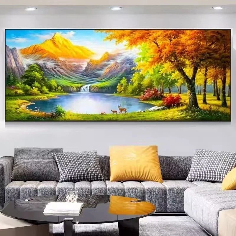 日照金山客厅办公室挂画聚宝盆山水画卧室现代风景油画横版装饰画