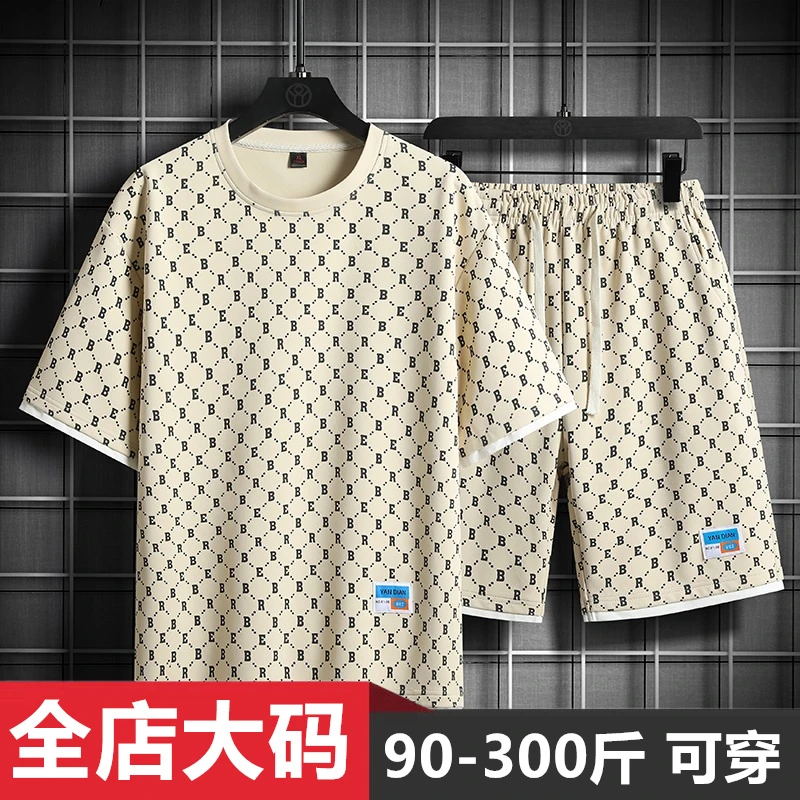 夏季新款短袖短裤套装男满印休闲百搭字母大码宽松帅气一套搭配潮