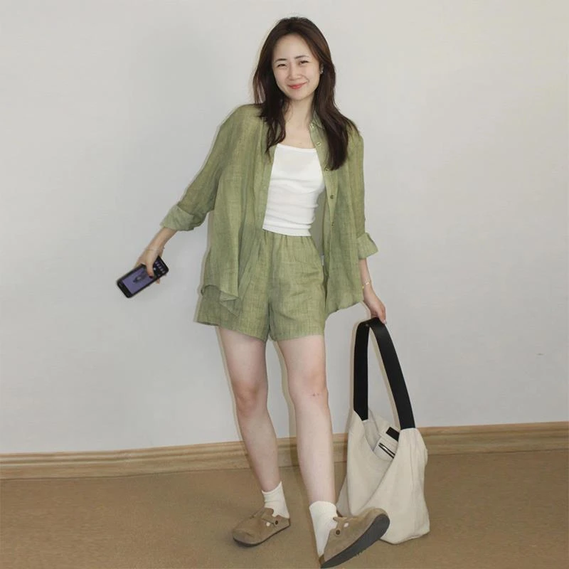 衬衫套装女夏新款小个子韩版慵懒风休闲防晒衣短裤两件套短袖显瘦