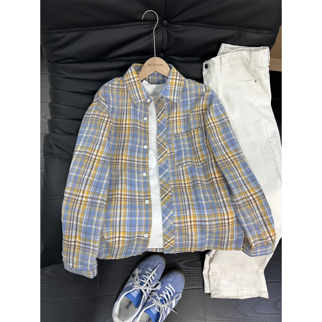 黄蓝格子衬衫男款夏季高级感长袖衬衣cleanfit美式复古情侣薄外套