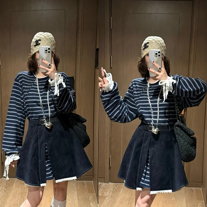 【首尔周末】早秋新款条纹拼接假两件设计连衣裙收腰短裙女