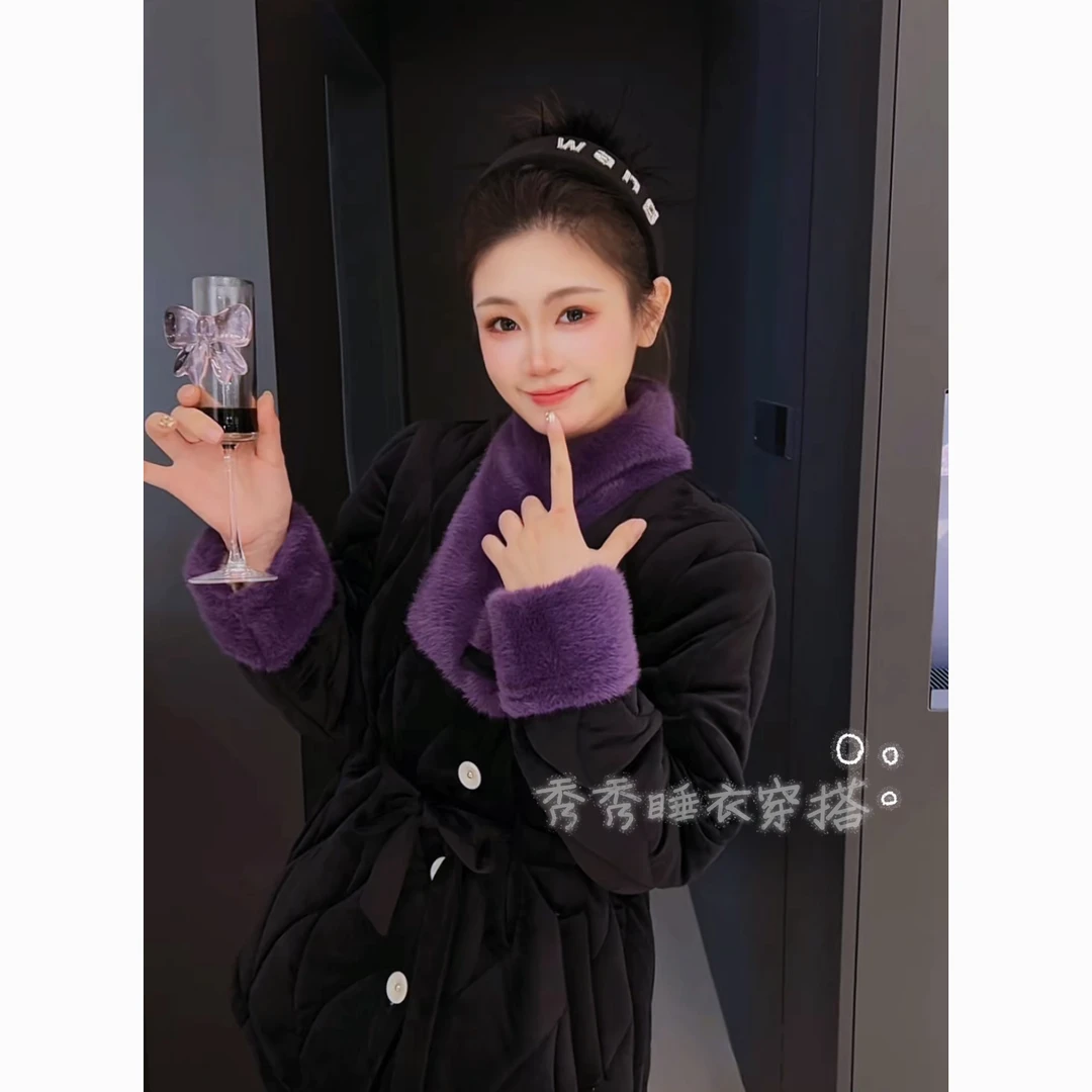 【秀秀家】冬季上新《限定黑紫》三层夹棉保暖加厚睡衣套装家居服