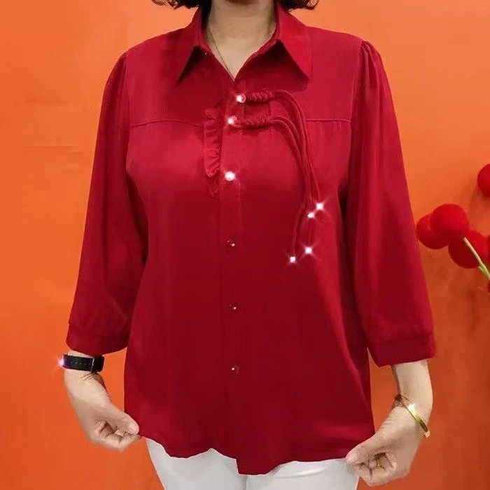 2025夏季新款国风纯色盘扣妈妈衬衫宽松显瘦休闲减龄设计感上衣女