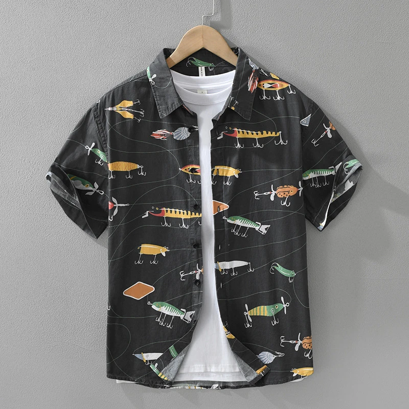 夏季纯棉衬衫 短袖宽松休闲长袖衬衫衬衣印花外套拼接