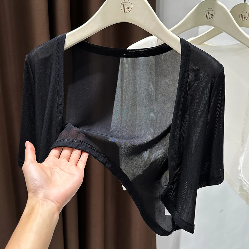 黑色网纱薄款配裙子的外搭短开衫女夏季透气短袖设计感蕾丝空调衫