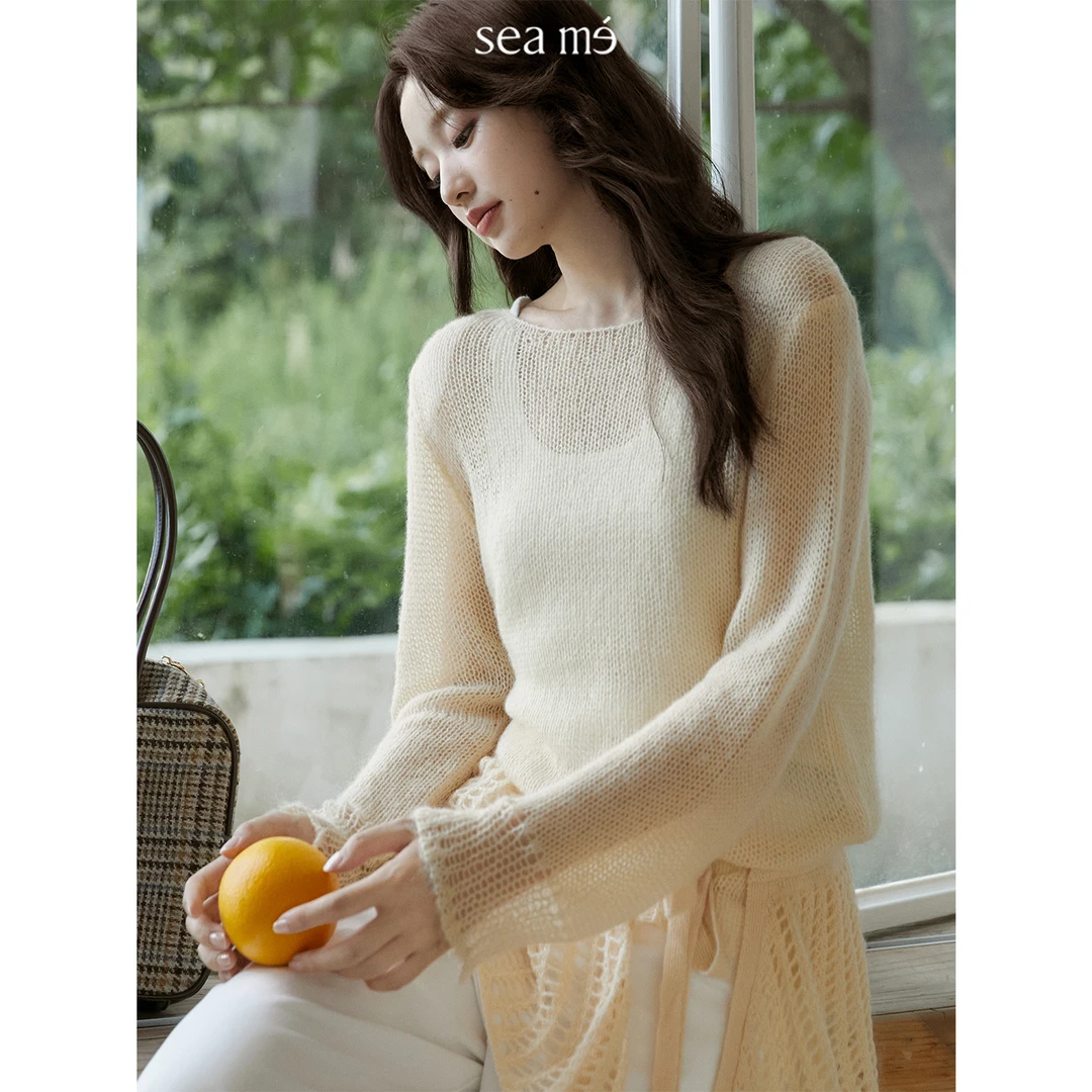 Seame汐觅【明媚】美利奴羊毛混纺马海毛镂空针织上衣带披肩毛衫