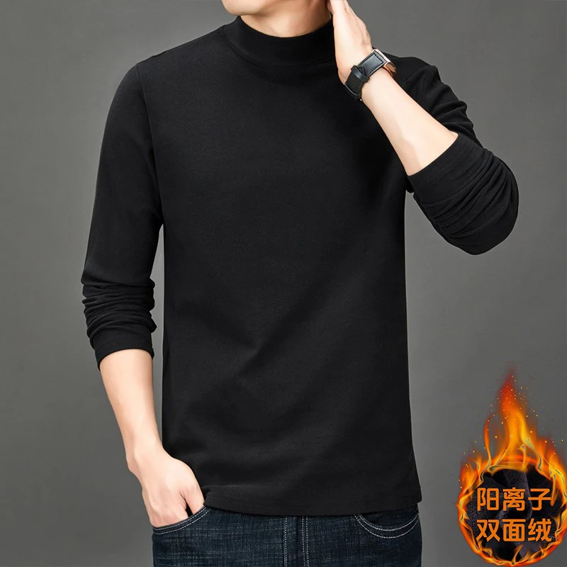 2025 新款上新阳离子双面德绒半高领打底衫男士t恤潮牌