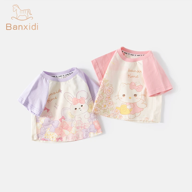 班喜迪女童T恤夏装2025新款儿童洋气公主上衣女宝宝薄款棉质短袖