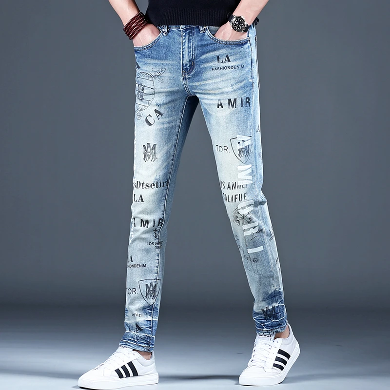 Cebrodz2025夏季欧货男士印花牛仔裤时尚修身百搭弹力小脚长裤