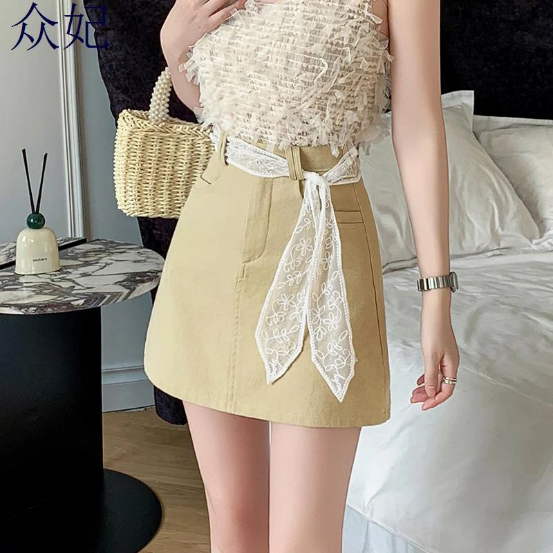 女装现货2025春复古韩版半身裙蕾丝花边设计感腰带休闲A字半身裙