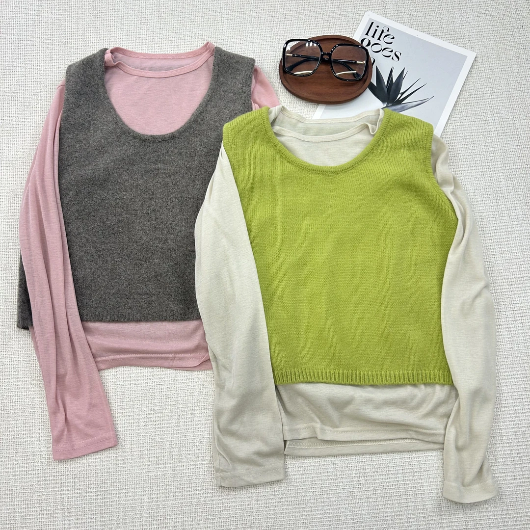 【叶子服饰】秋季新款简约休闲打底衫+针织背心两件套25439