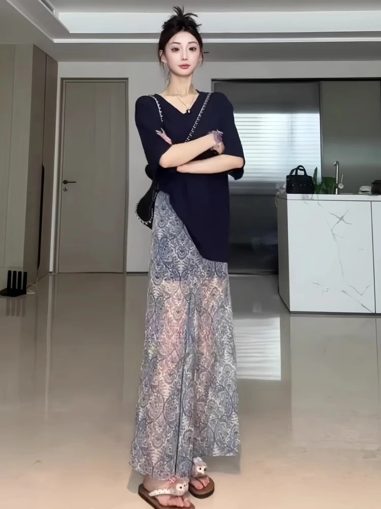 大码时尚套装搭配一整套V领短袖T恤+印花网纱半身裙气质连衣裙女