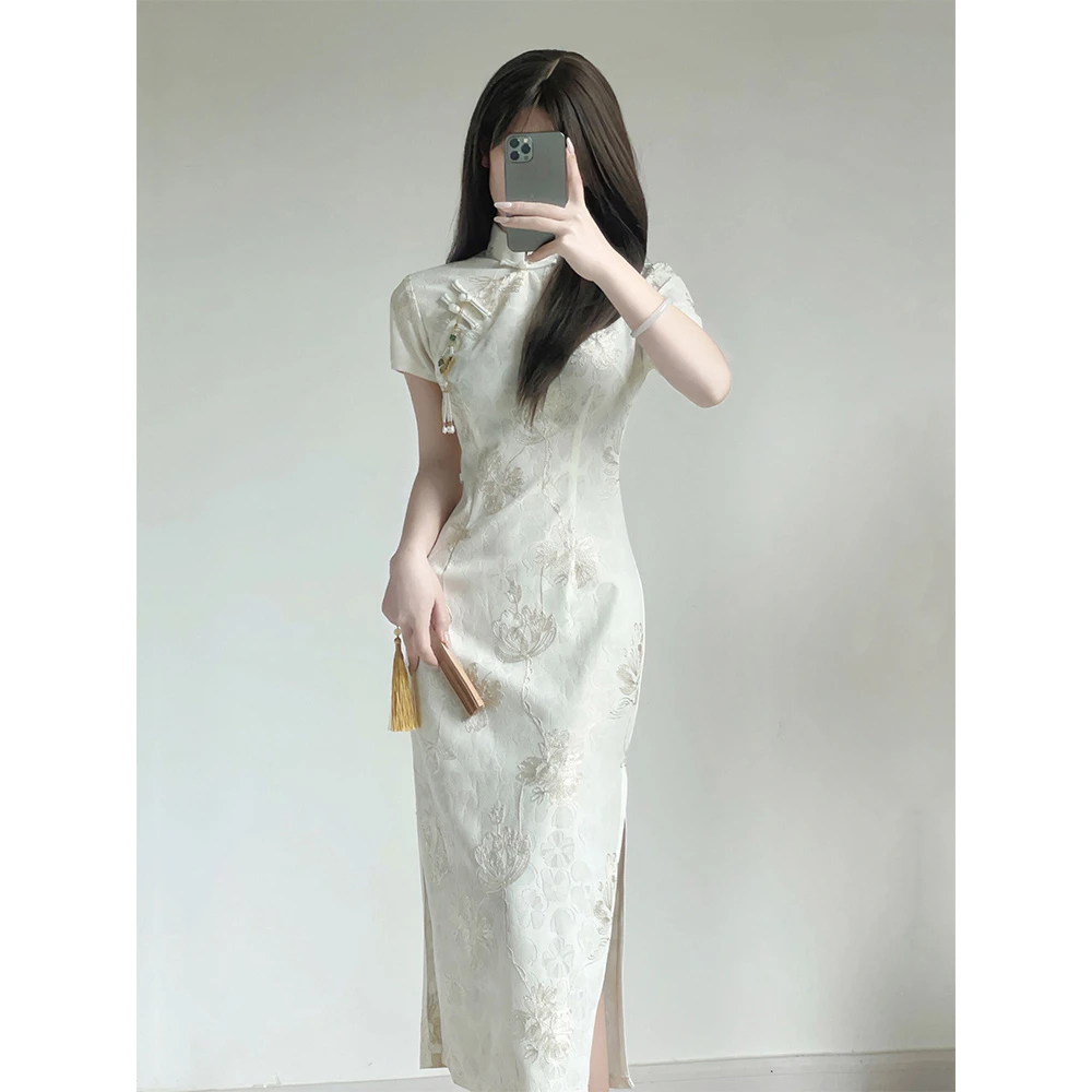 改良年轻款旗袍2025年新款夏季少女日常复古气质高端白色修身长款