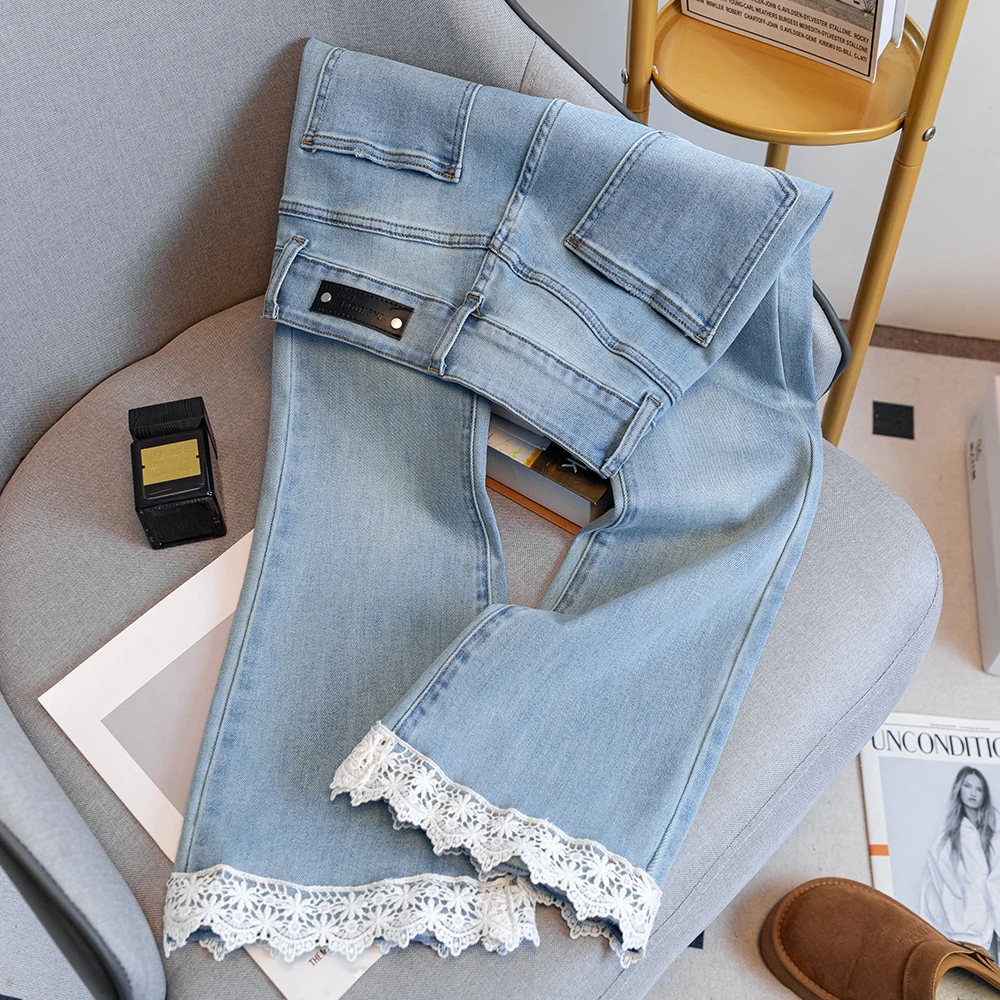 国风花边微喇牛仔裤女2025春秋修身显瘦喇叭裤直筒高腰牛仔裤
