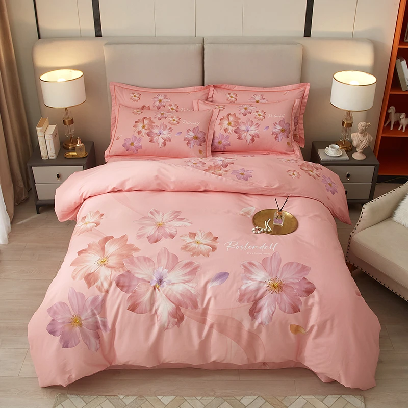 春夏款纯棉四件套全棉斜纹床单被套4件套家纺床上用品-粉黛粉