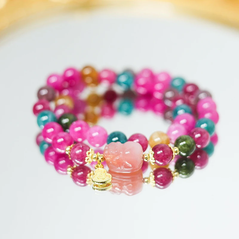 8m天然双圈碧玺貔貅吉牌手链 多样性发一 H2764