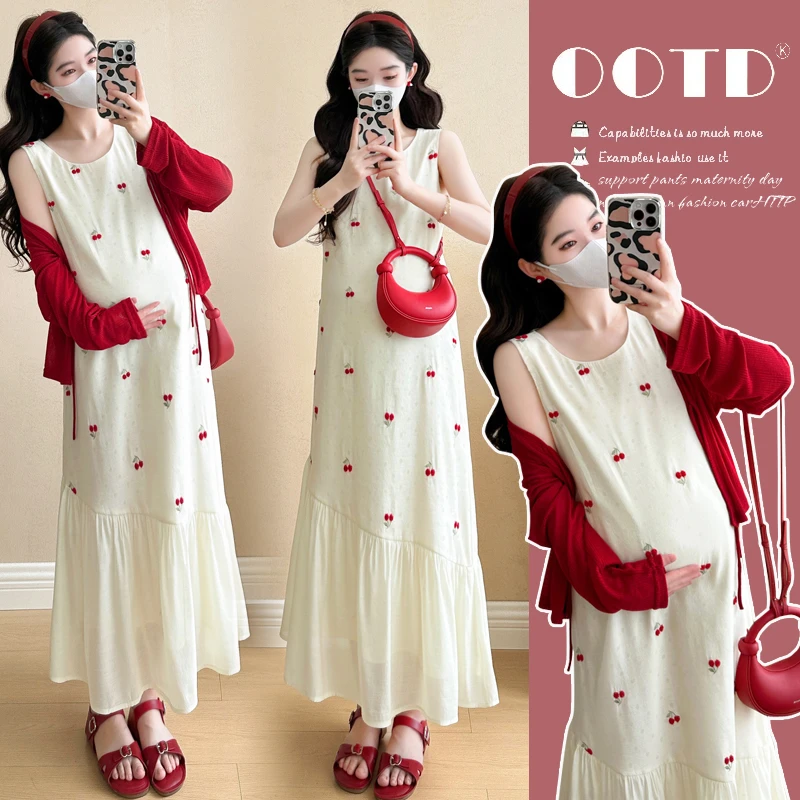 孕妇装夏装套装2025新款樱桃刺绣孕妇吊带连衣裙外穿夏天防晒开衫