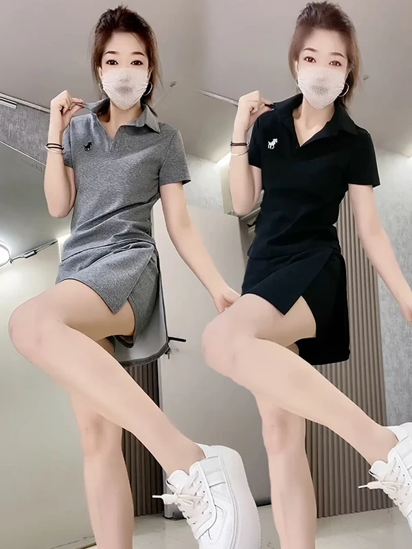 Polo领刺绣短袖T恤高腰短裙时尚休闲套装减龄显瘦两件套穿搭