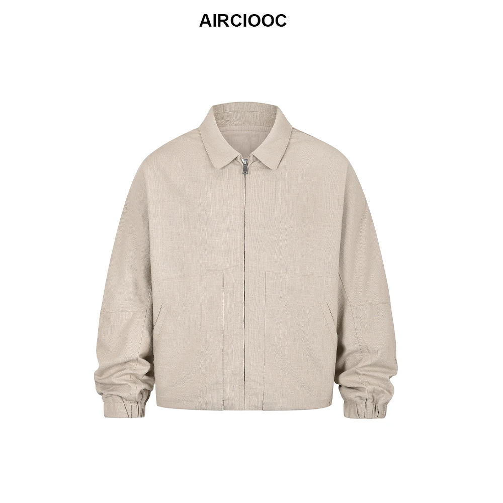 AIRCIOOC亚麻棉老钱风廓形拉链立领高领夹克男士秋季薄款外套