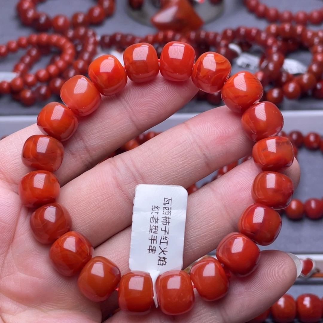 南红玛瑙未镶嵌南红玉石11.8mm瓦西柿子红满色火焰纹老型手串