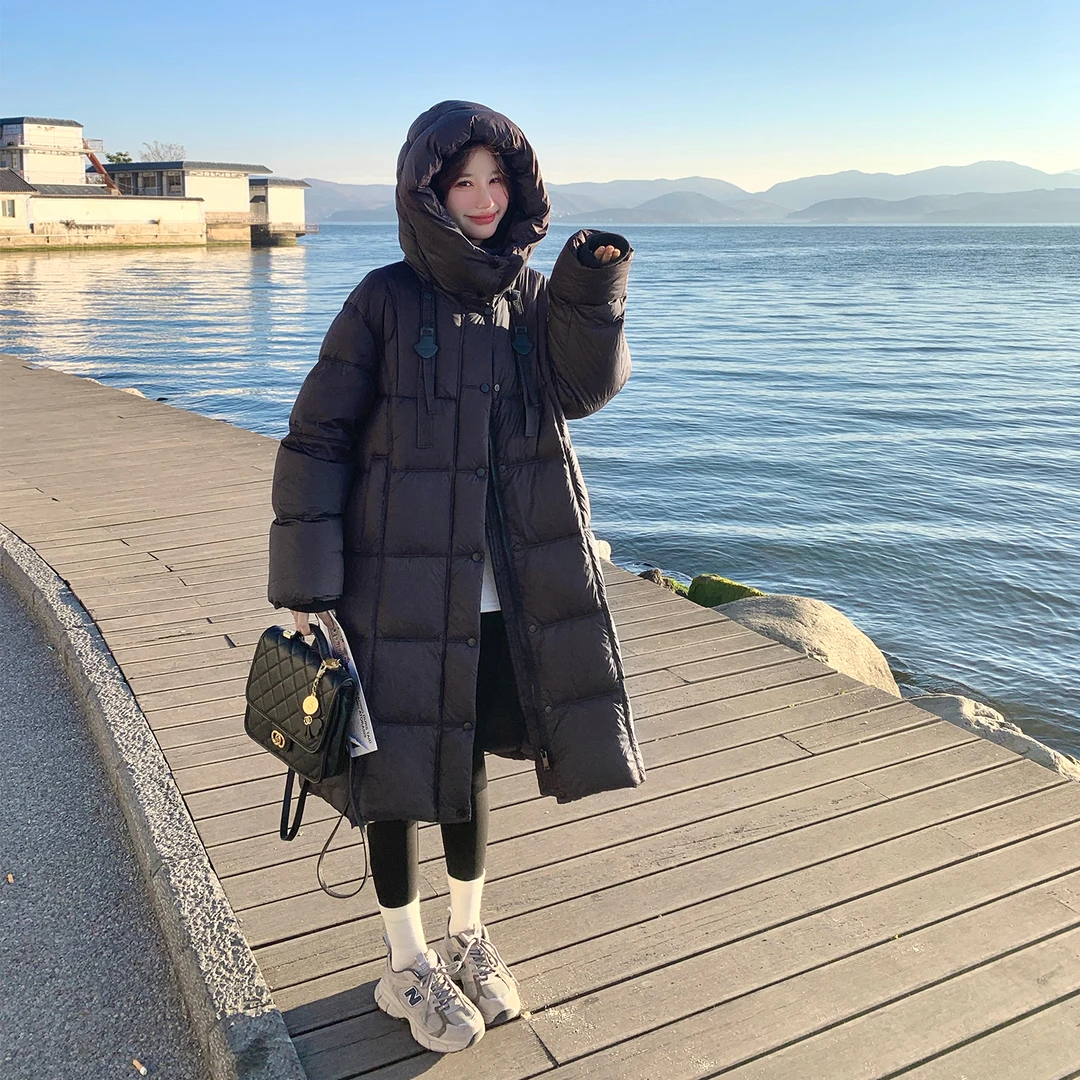 黑色连帽中长款羽绒服女2025冬季新款韩版休闲通勤风白鸭绒面包服