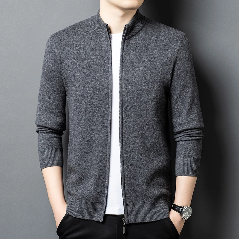 【100%绵羊毛】男士秋冬休闲外穿纯色加厚羊毛衫男士开衫外套D026