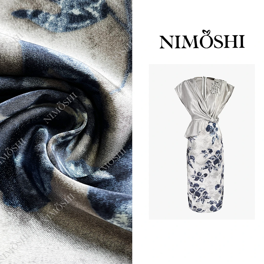 NIMOSHI【倩倩】新款光感亮丝拼接花卉图案高腰气质显瘦连衣裙Q1851