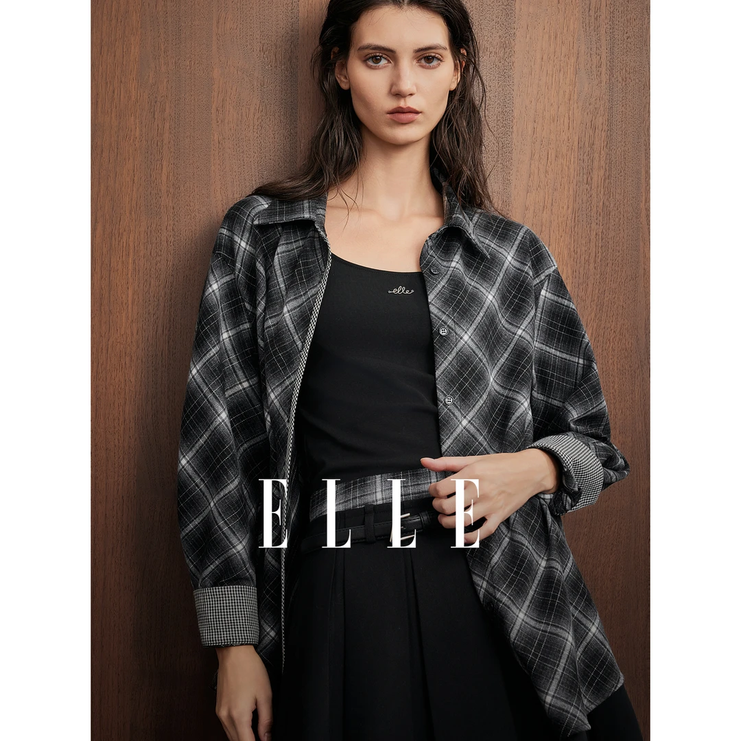 ELLE女装磨毛格纹拼接衬衫2025冬季新款宽松休闲衬衣外套EC53070