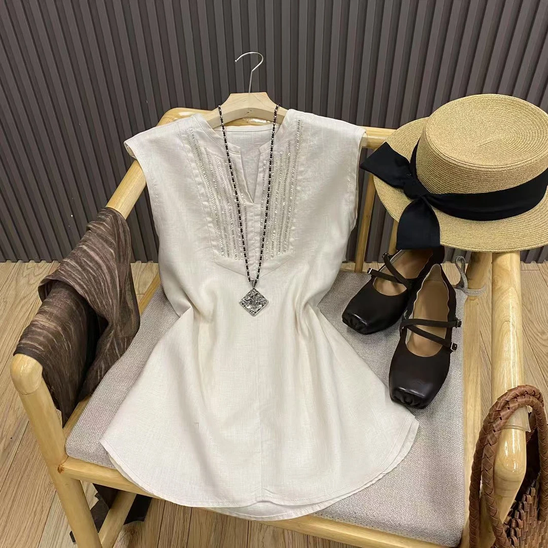 亚麻V领重工钉珠背心套头宽松百搭文艺显瘦无袖上衣女T88078