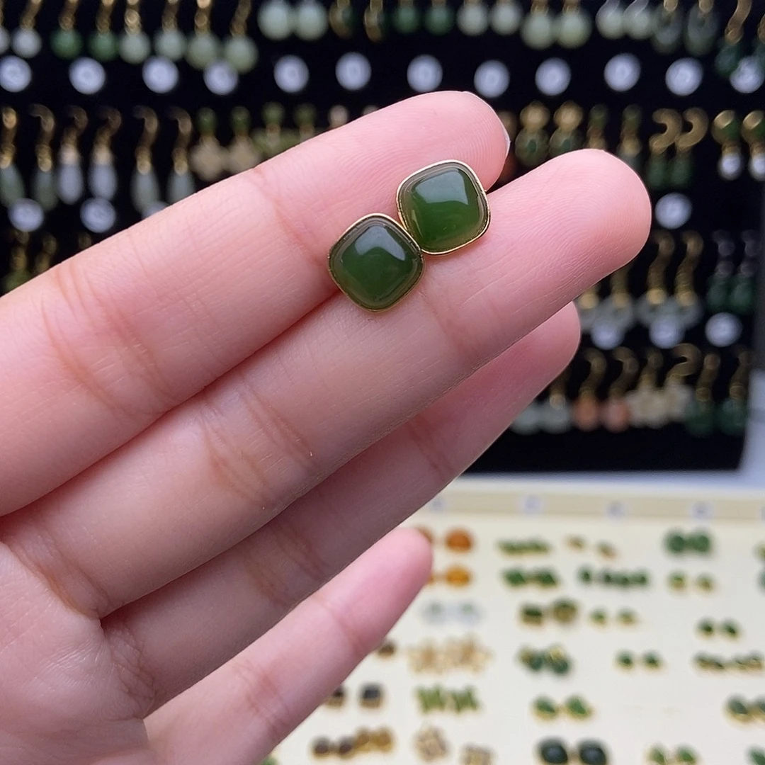 和田玉银S925镶嵌耳饰