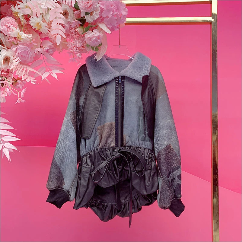 X22870欧美设计师2025冬季新款拼接不规则个性宽松皮毛一体外套女