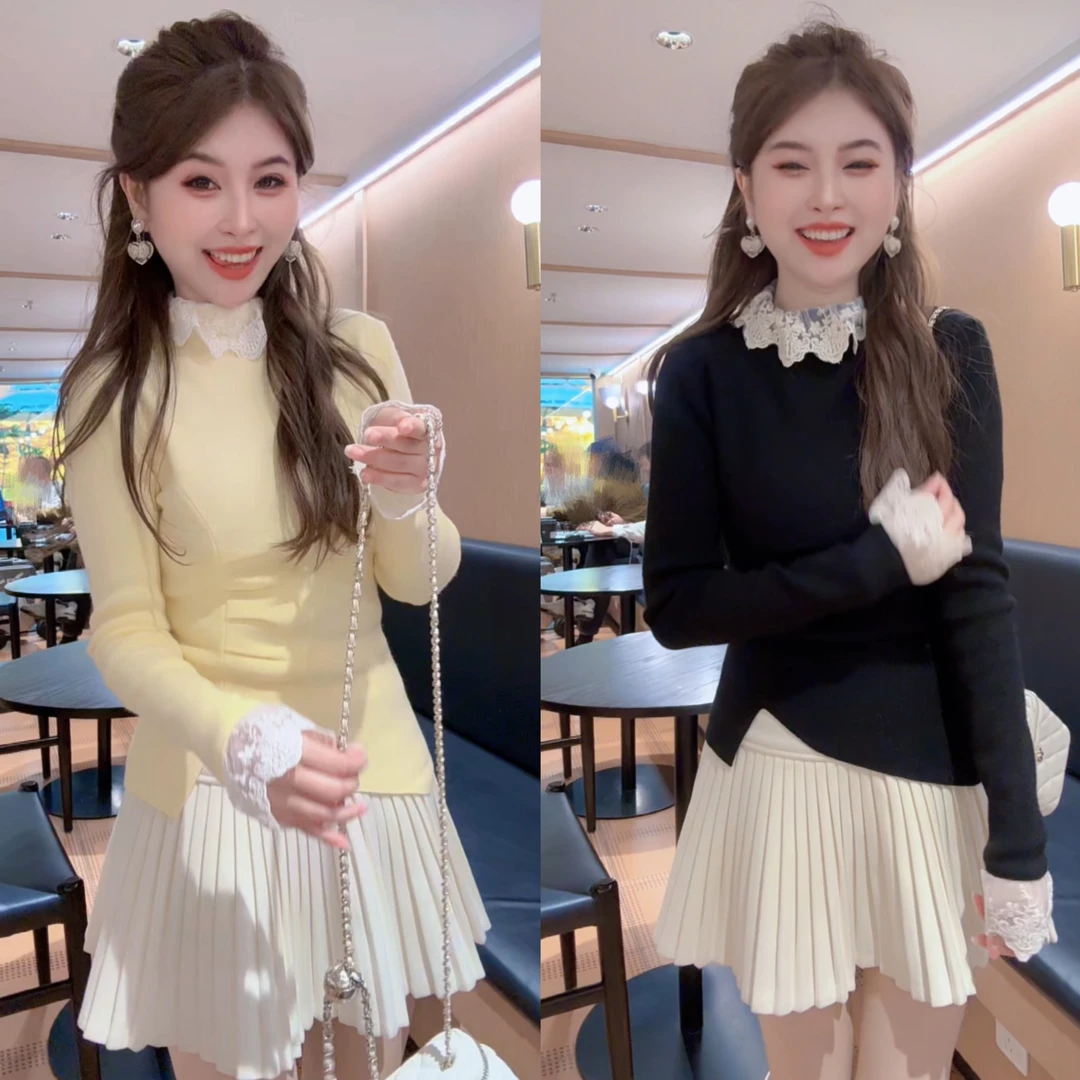 2025冬季新品韩系蕾丝拼接长袖针织衫女设计感粉色打底衫法式内搭