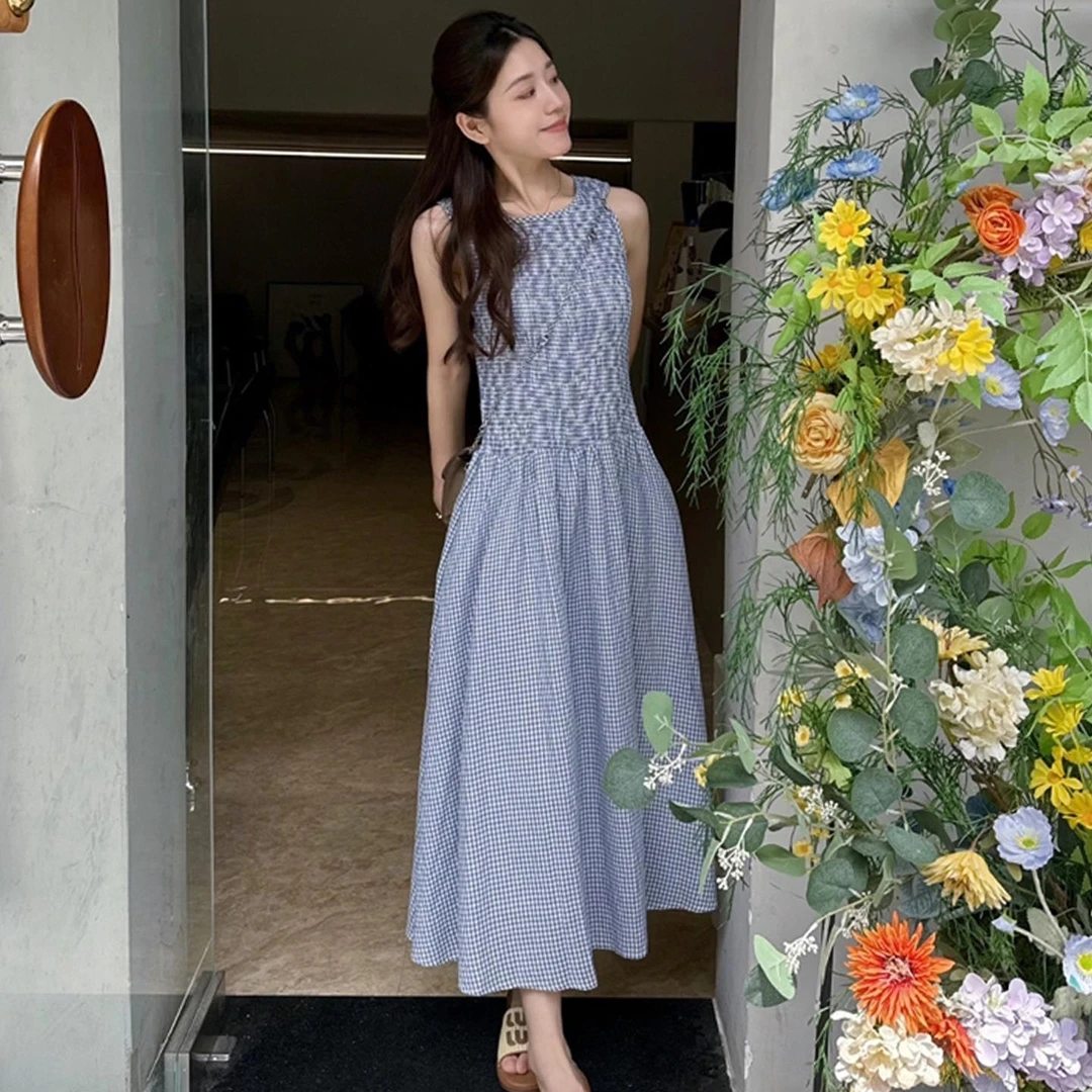 法式格子背心无袖吊带连衣裙女夏季2025新款独特漂亮掐腰a字裙子