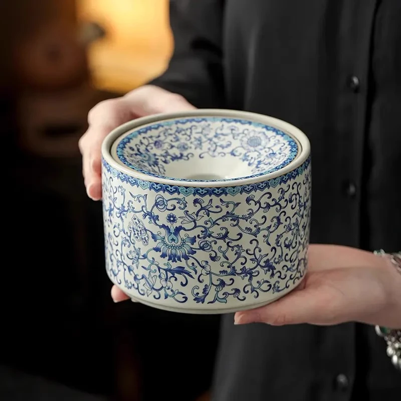 汝窑国风烟灰缸防飞灰缠枝莲茶洗陶瓷茶渣缸水盂杯洗高档茶具配件