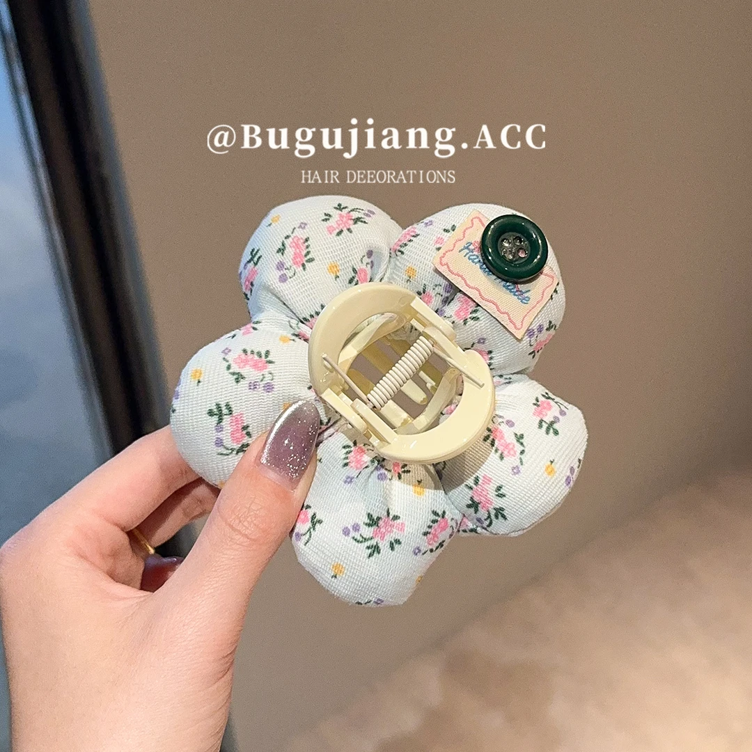 小可爱设计师款原创蓝碎花立体花朵发抓韩国小众抓夹半扎发发饰女